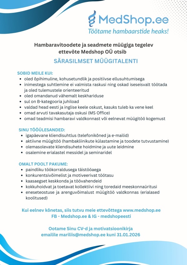 Tööpakkumine hambaravitoodete müügiesindajale