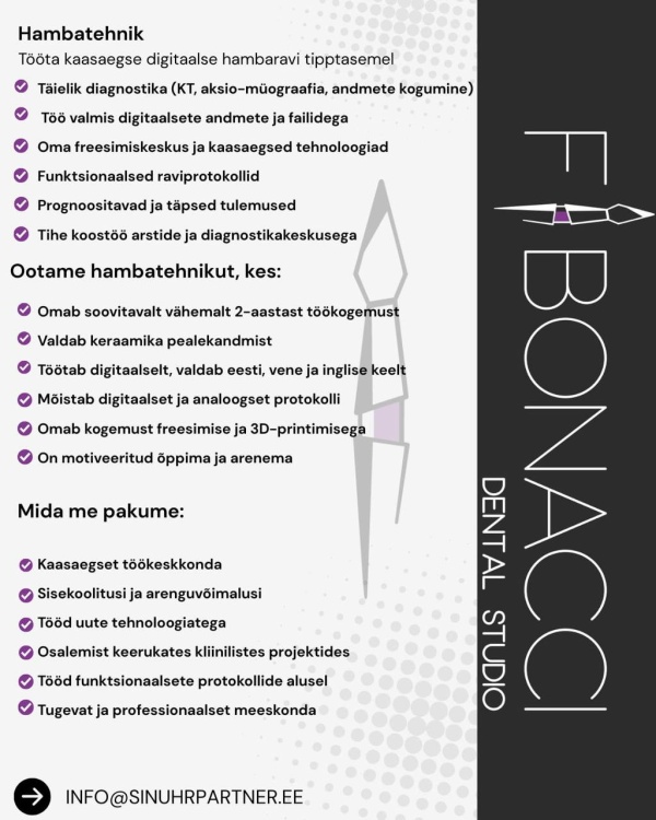 Fibonacci Dental Stuudio ootab hambatehnikut Fibonacci Dental Stuudio ootab hambatehnikut
