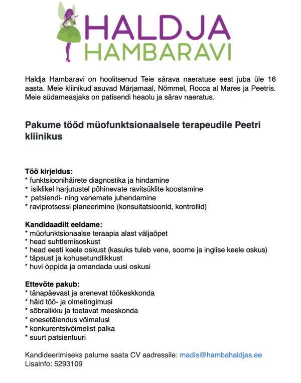 Pakume tööd müofunktsionaalsele terapeudile Peetri kliinikus