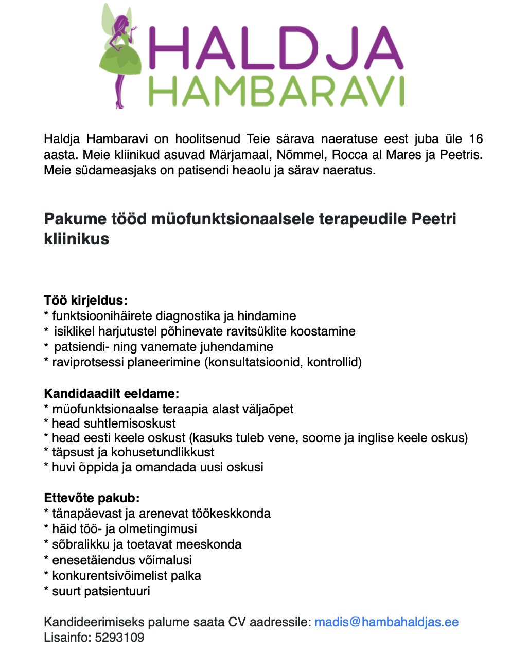 PAKUME TÖÖD MÜOFUNKTSIONAALSELE TERAPEUDILE PEETRI KLIINIKUS